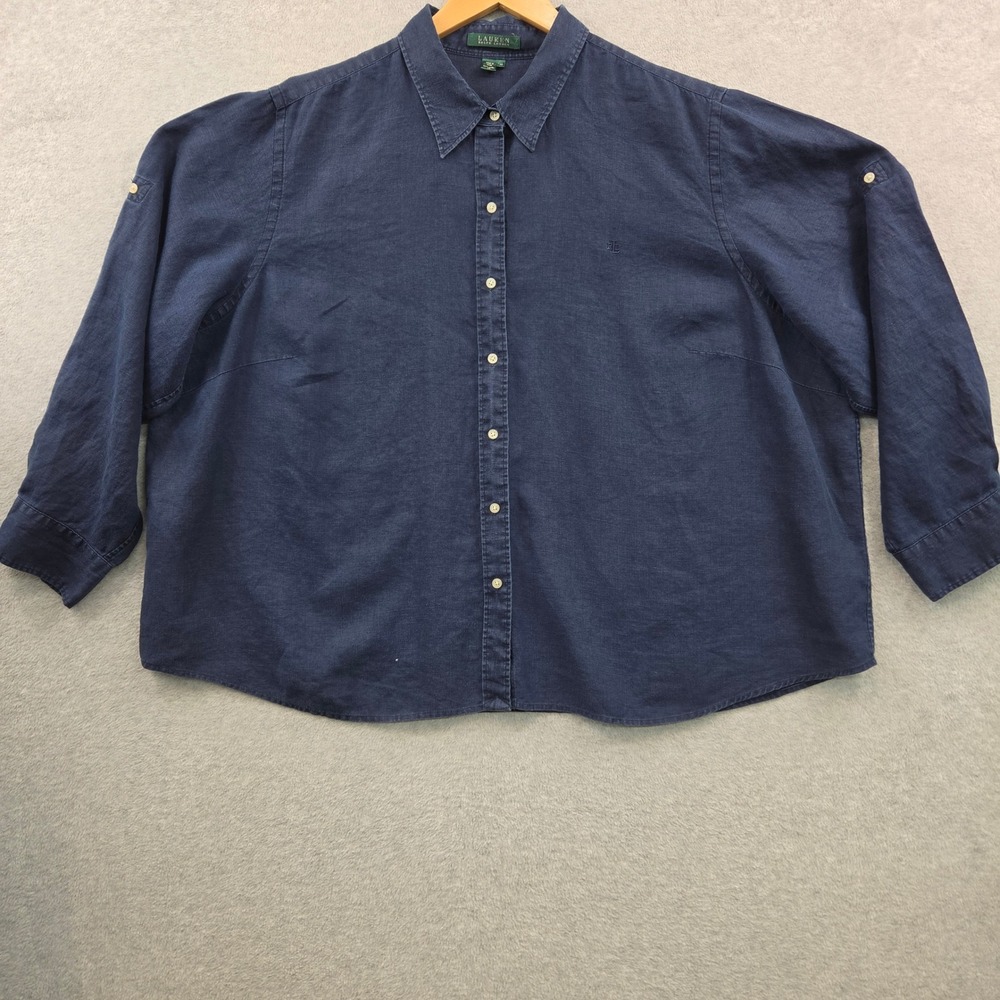 Coastal 100% LINEN Roll Sleeve LAUREN RALPH LAUREN Shirt Women 3X Navy Blue